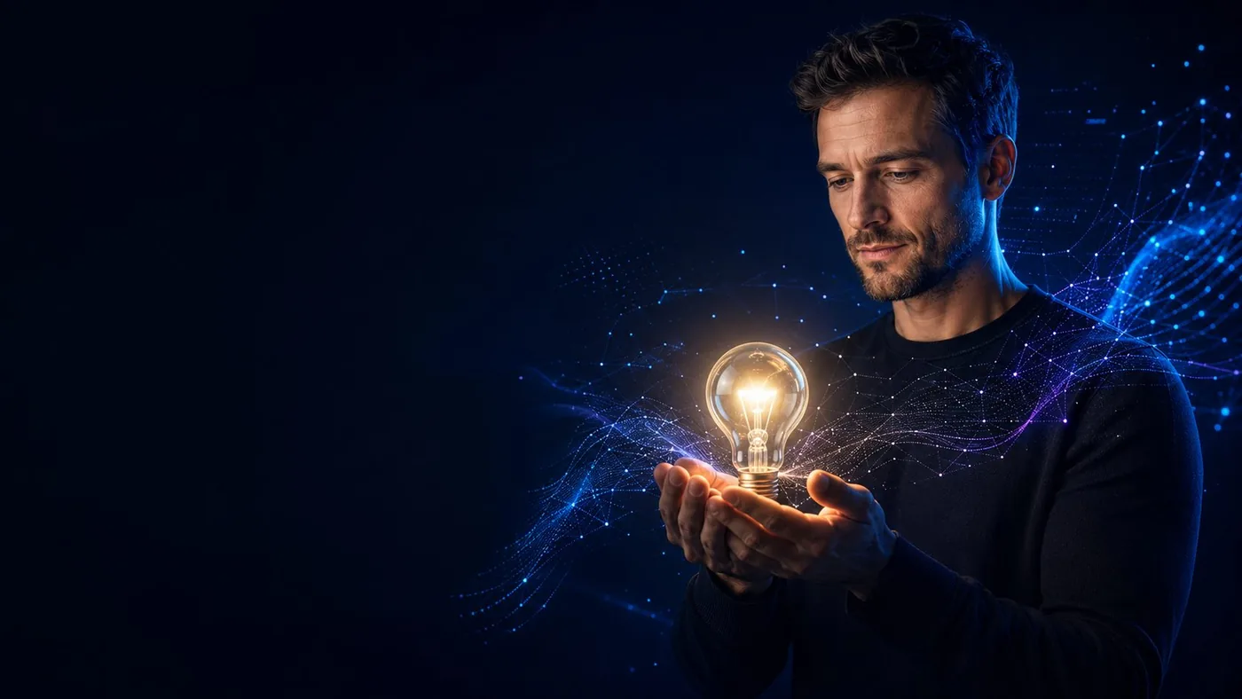 A person holding a glowing lightbulb of an idea